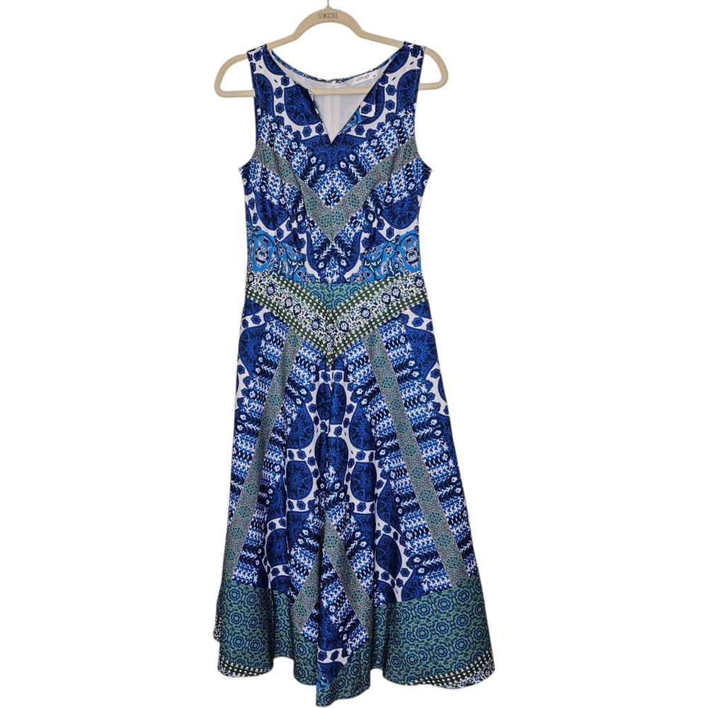 eShakti Women's Blue Tile Print Sleeveless V Neck Midi Dress with Pockets